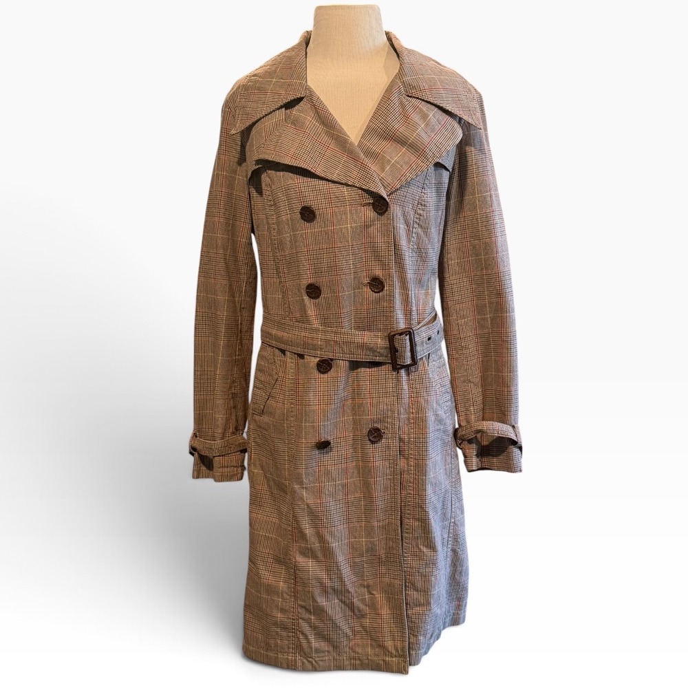 Merona Womens Glen Plaid Trench Coat Tan Red Double Breasted Belted Large